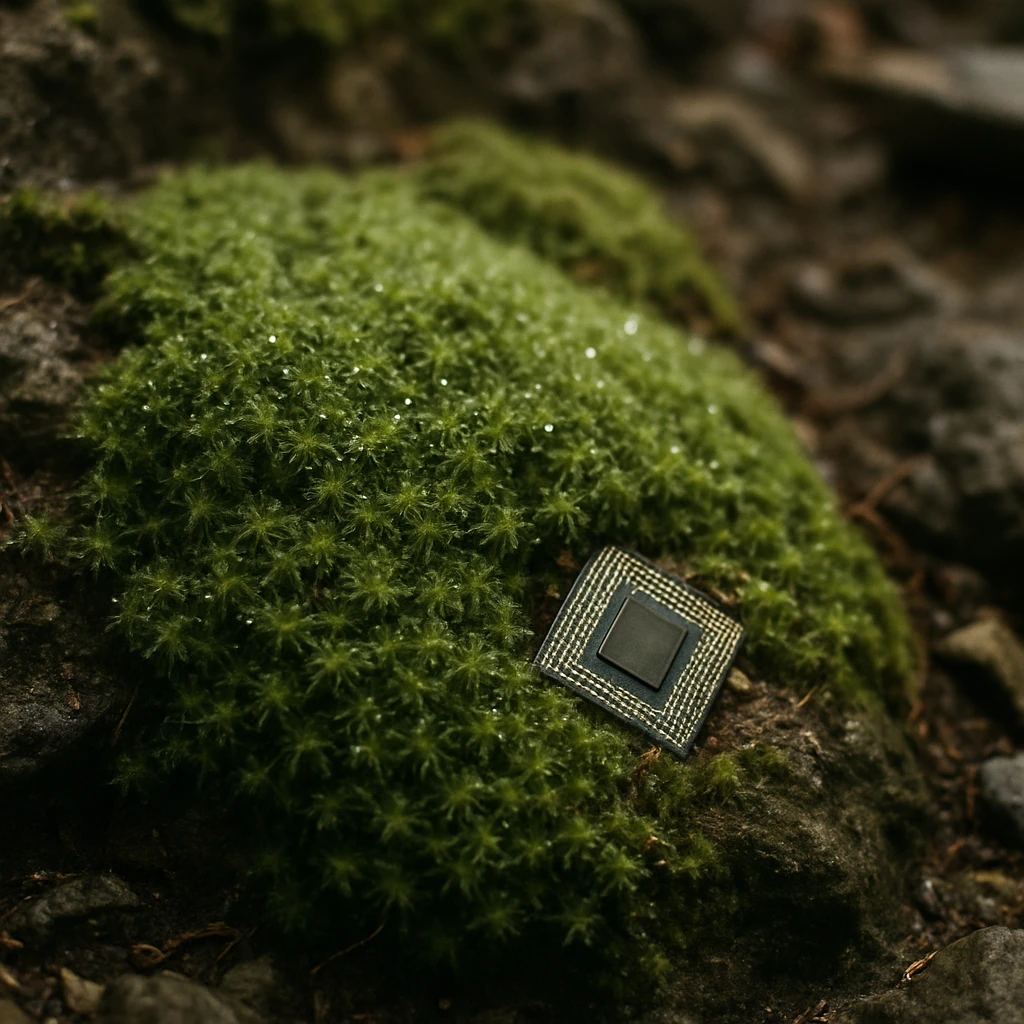 岩肌の上に朝露が光る緑色の苔が広がり、その中に小さな半導体チップが部分的に埋もれている様子。