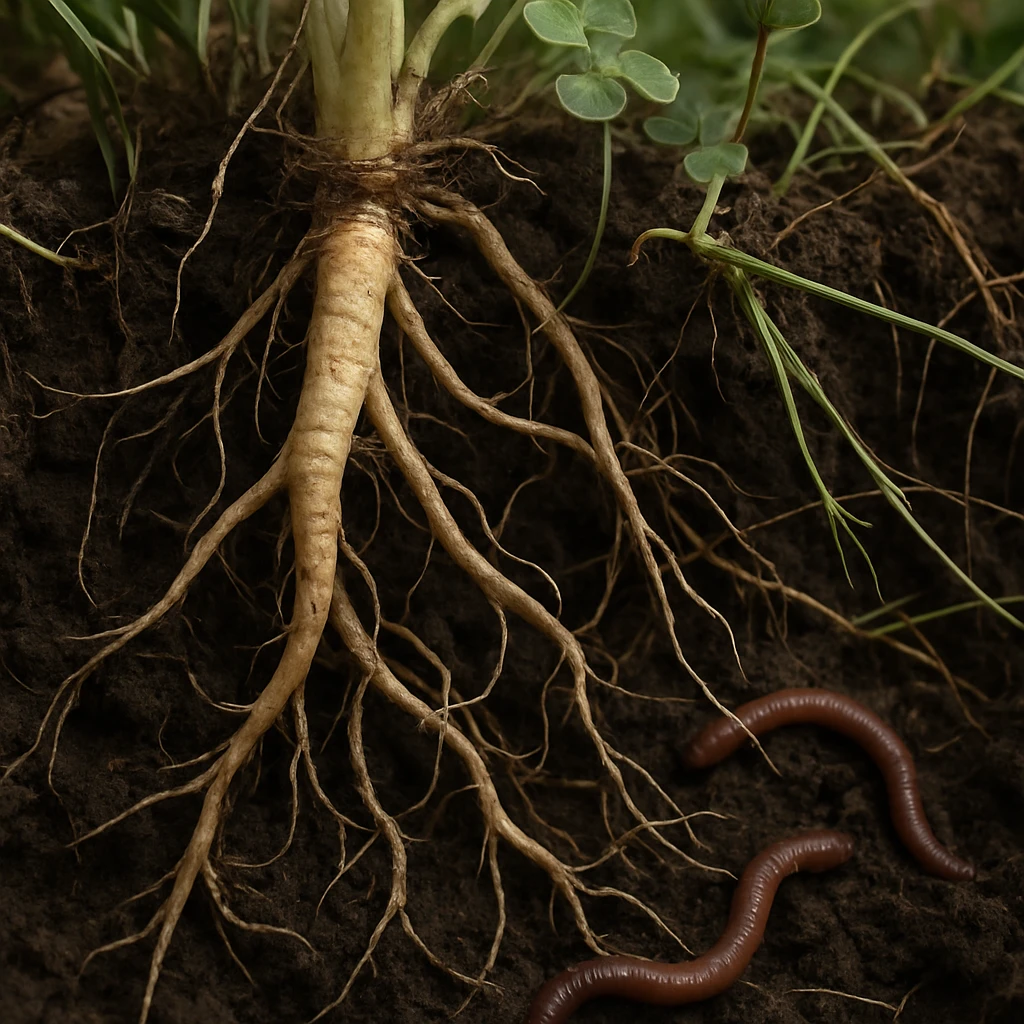 地中で絡み合うタンポポやクローバーなど複数種の根とミミズが見える土のクローズアップ写真。