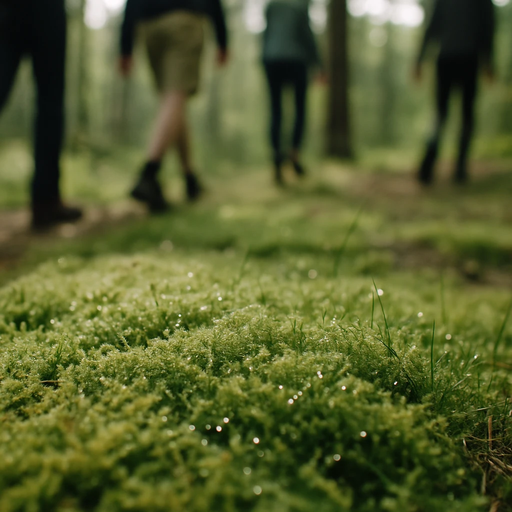 森の地面にみずみずしく生えた緑色のコケの上を性別を感じさせない服装の人々の足が通り過ぎる様子。