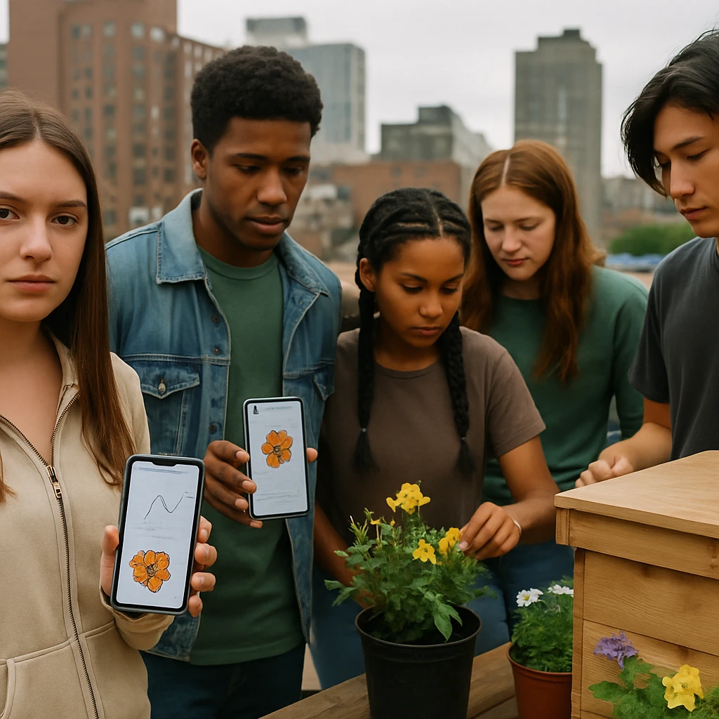 都市の屋上菜園でデジタルデバイスや小型の巣箱を囲む若者たちを撮影したリアルな写真。