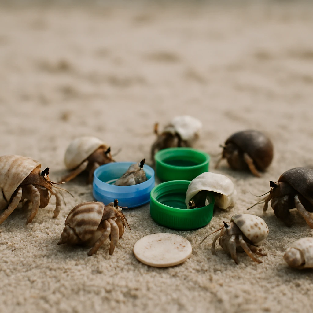砂浜の中央で、複数のヤドカリたちが貝殻やプラスチックのキャップなどを集めている様子の写真。