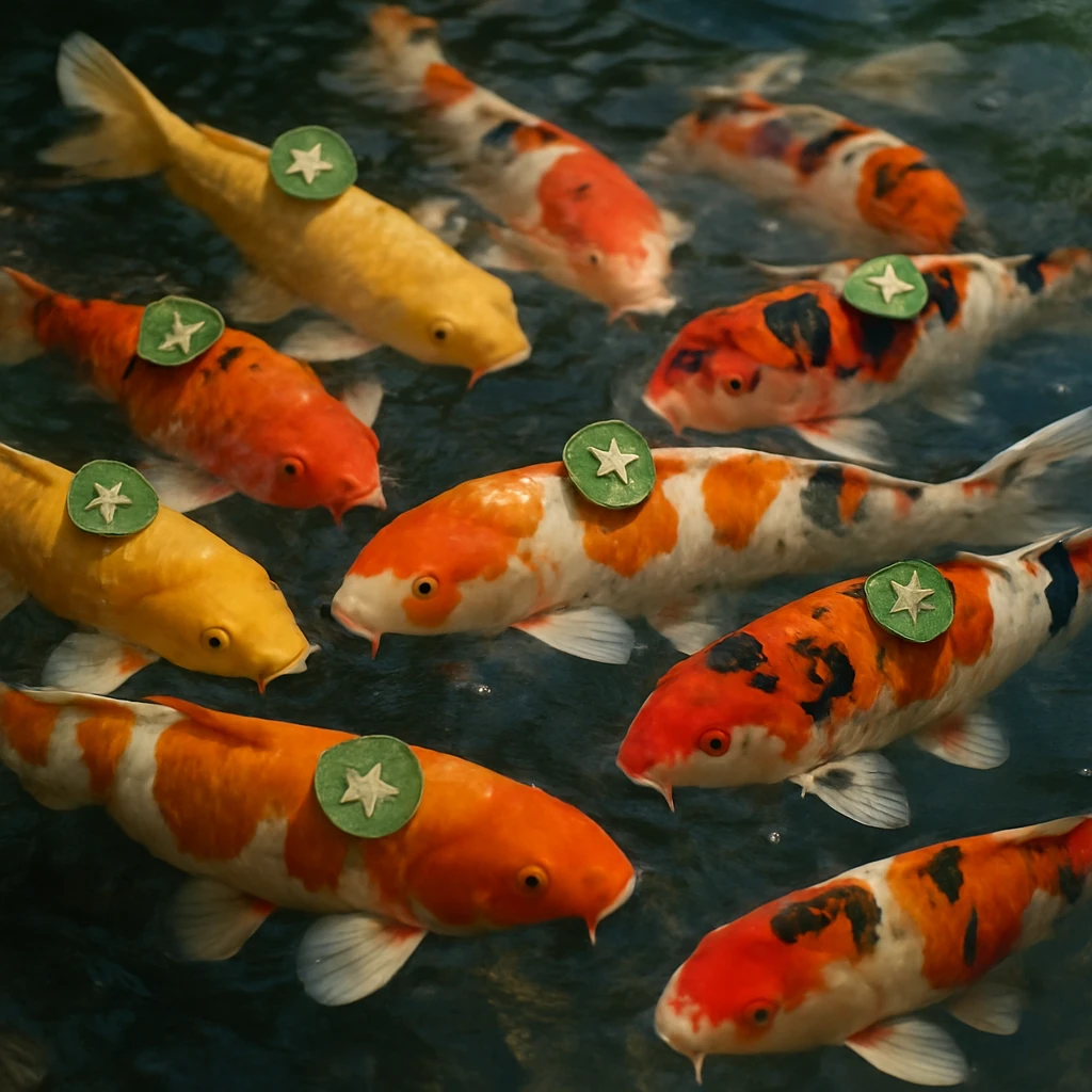 池の水面近くに集まった色とりどりの錦鯉たちが、小さな睡蓮バッジを背ビレにつけて泳いでいる様子の写真です。