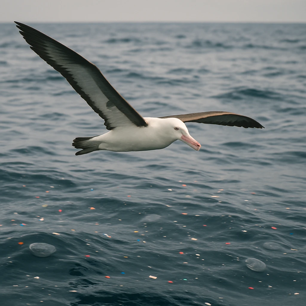大きな翼を広げて海の上を滑空するアホウドリと、その下に点在するカラフルな小さなプラスチックごみやクラゲが浮かぶ海の実写写真。