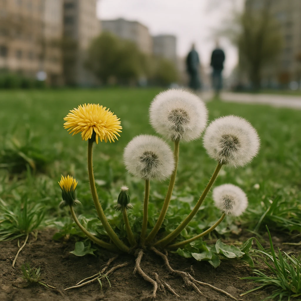 地表近くで咲くタンポポと綿毛たちが土の上で根を絡め合い、都市の緑地で背景にはぼやけた人や建物も見える写真です。