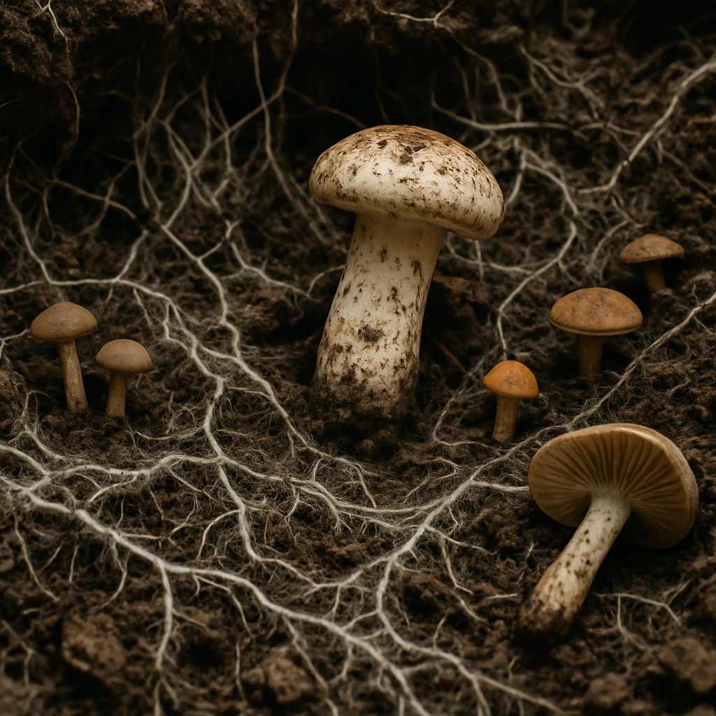 地中でマツタケ菌糸が他の菌糸やキノコと複雑につながりあっている様子の写真。
