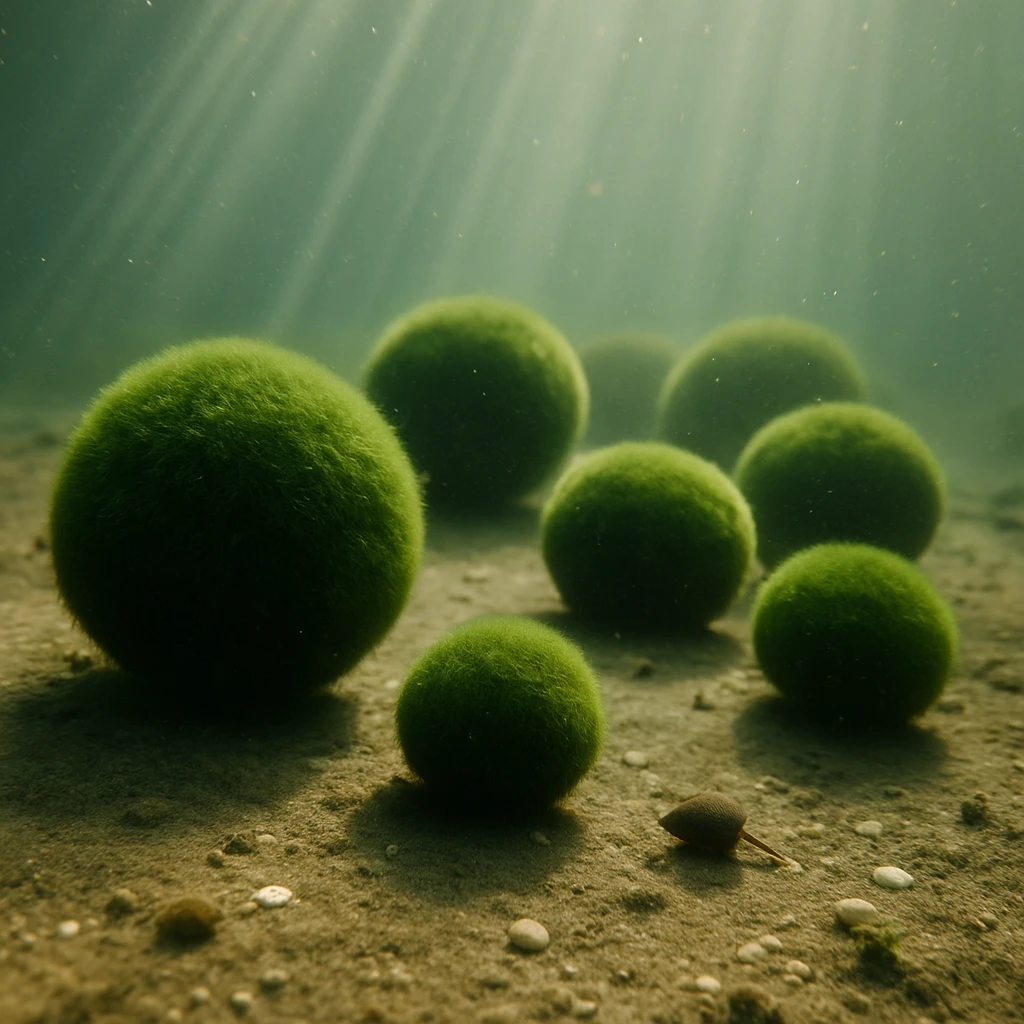 湖底で太陽の光を浴びながら転がる数個の緑色のマリモと小さな貝が映った水中写真。
