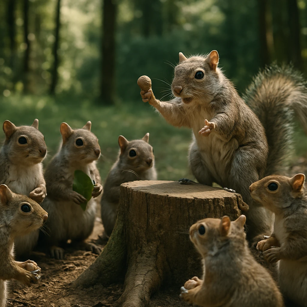森の中の切り株に集まった複数のリスが年長のリスの講義を真剣に聞いている様子の写真です。