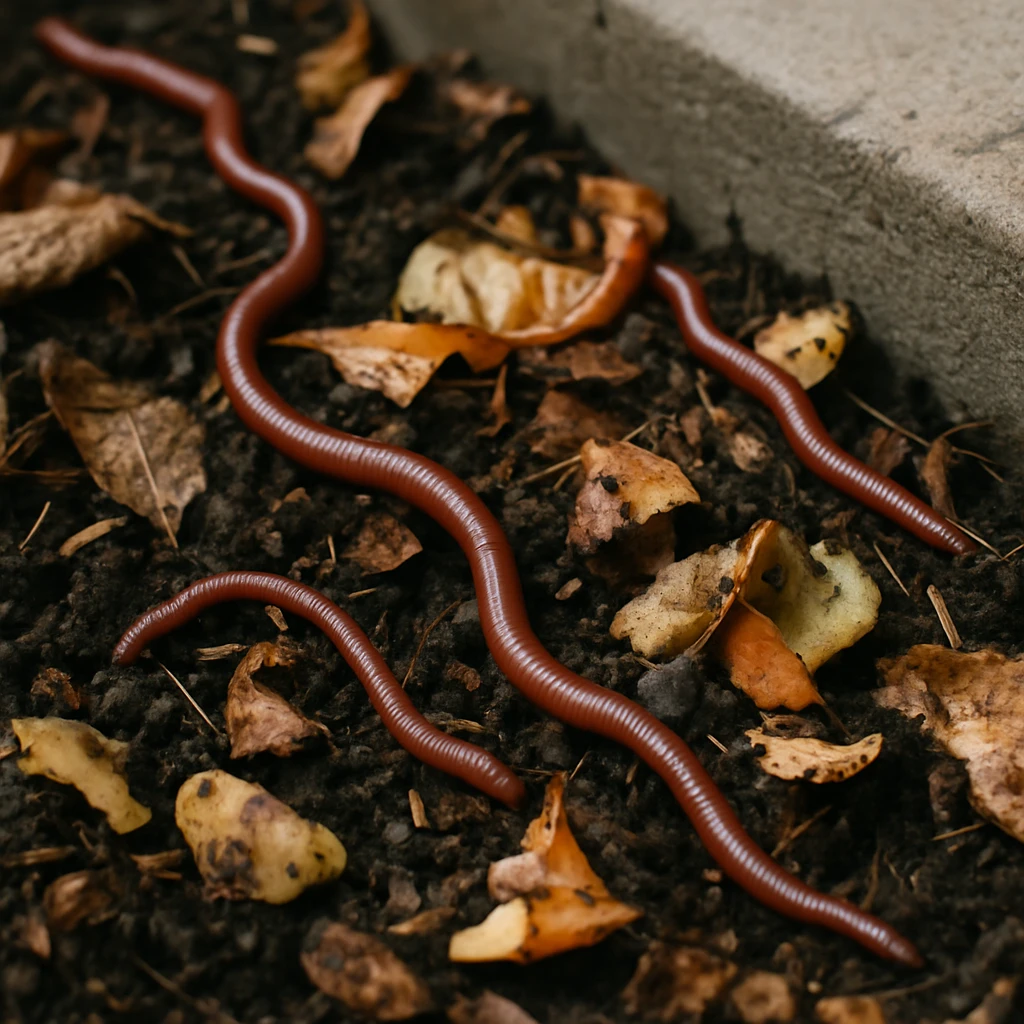 湿ったコンポストの中で落ち葉や生ごみを食べている何匹ものミミズのリアルな写真。