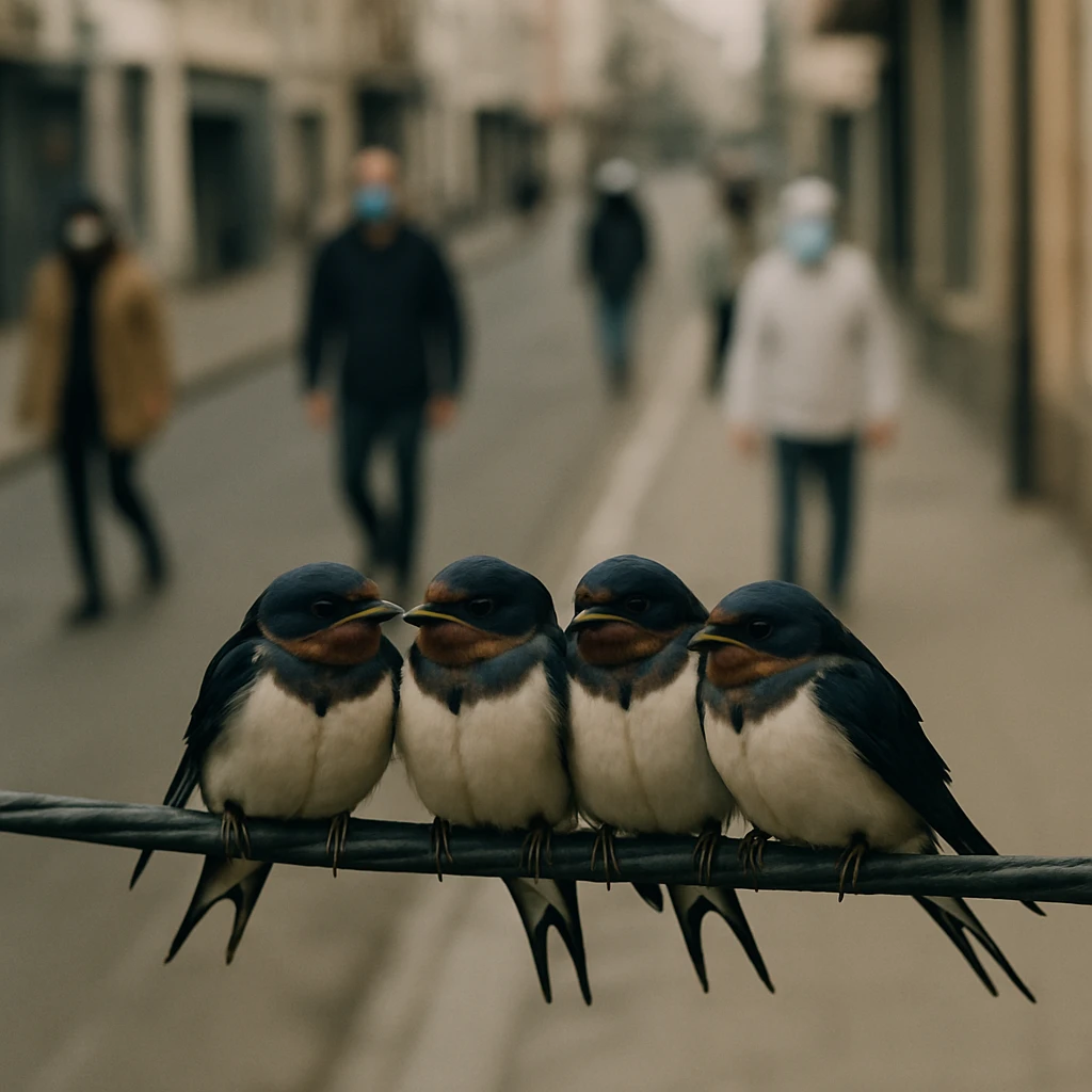 市街地の電線に並んでとまるツバメたち越しに、下の歩道をマスク姿などでソーシャルディスタンスを保ちながら歩く人々が見える写真。