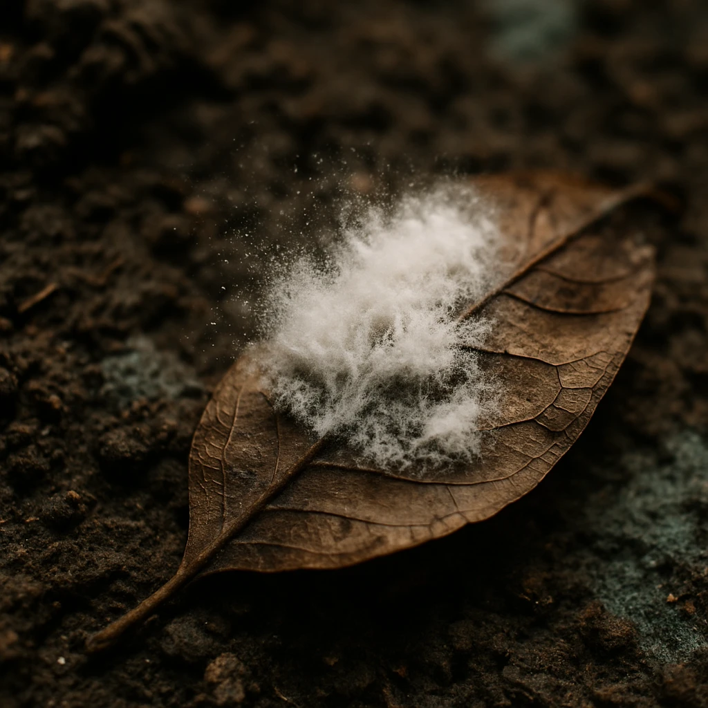 腐葉土の上で白いカビ（トリコデルマ）が胞子を放つ様子をクローズアップで捉えた写真。