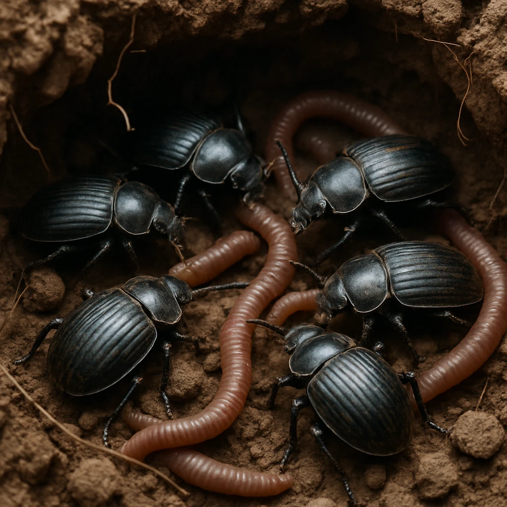 地中の小さな巣穴でコガネムシやミミズが集まっている様子が自然光の中で写されています。