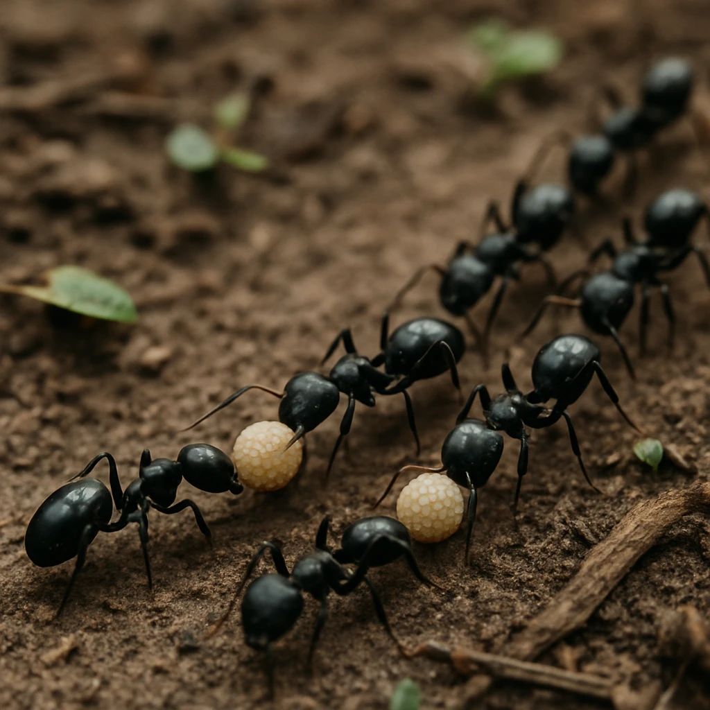 森の地面の上で精密発酵ビーズを運ぶクロオオアリたちの列を写した写真。