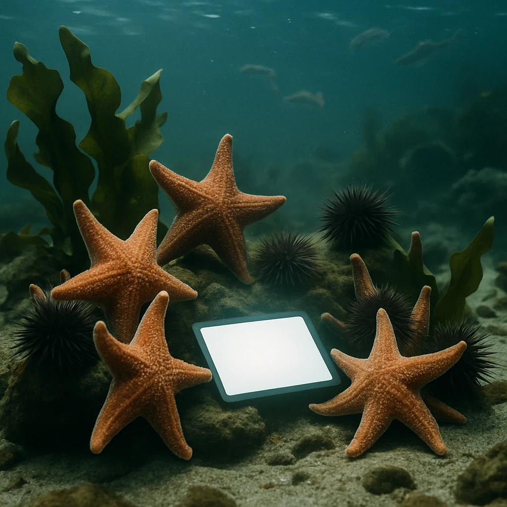 海底の岩場でヒトデやウニ、ワカメが集まって何かを見つめている様子のリアルな水中写真。