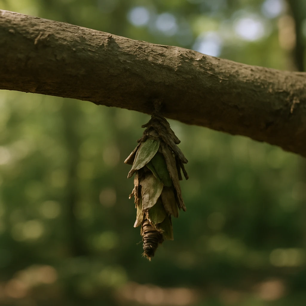 木の枝の裏側に葉や小枝で作られた巣をまとって静かにぶら下がるカクレミノムシの実写写真です。