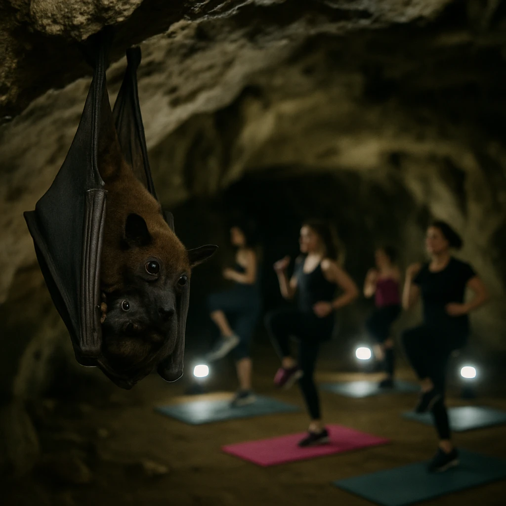 洞窟内で女性たちがヨガマットで運動し、その様子を天井からフルーツコウモリの親子が観察している写真。