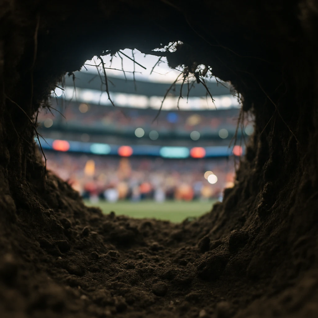 スタジアムの地下トンネルから見た土の壁越しに、かすかに人々の応援や光の気配が感じられる写真です。