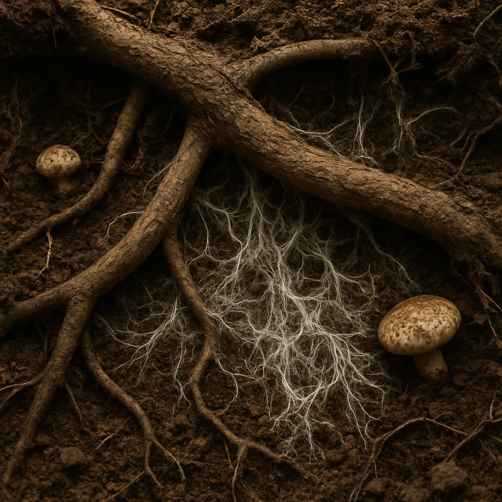 森林の地中で木の根とマツタケ菌糸が絡み合う様子を捉えたリアルな接写写真。