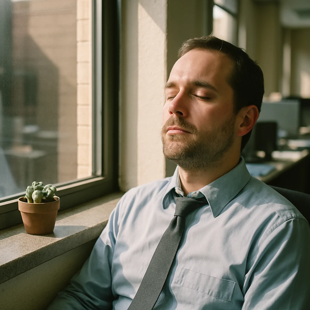 オフィスの大きな窓際で日差しを浴びながら静かに座る会社員と、そばのリトープスの鉢植えの写真。