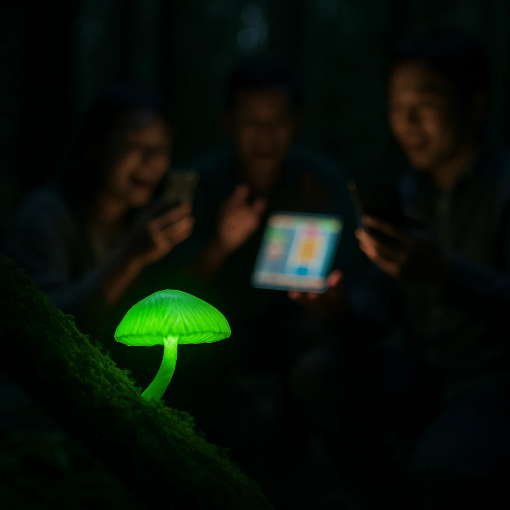 夜の森で淡く緑色に光るヤコウタケが枝に発光し、背後にスマートフォンやタブレットを囲む人々がぼんやりと映る写真。