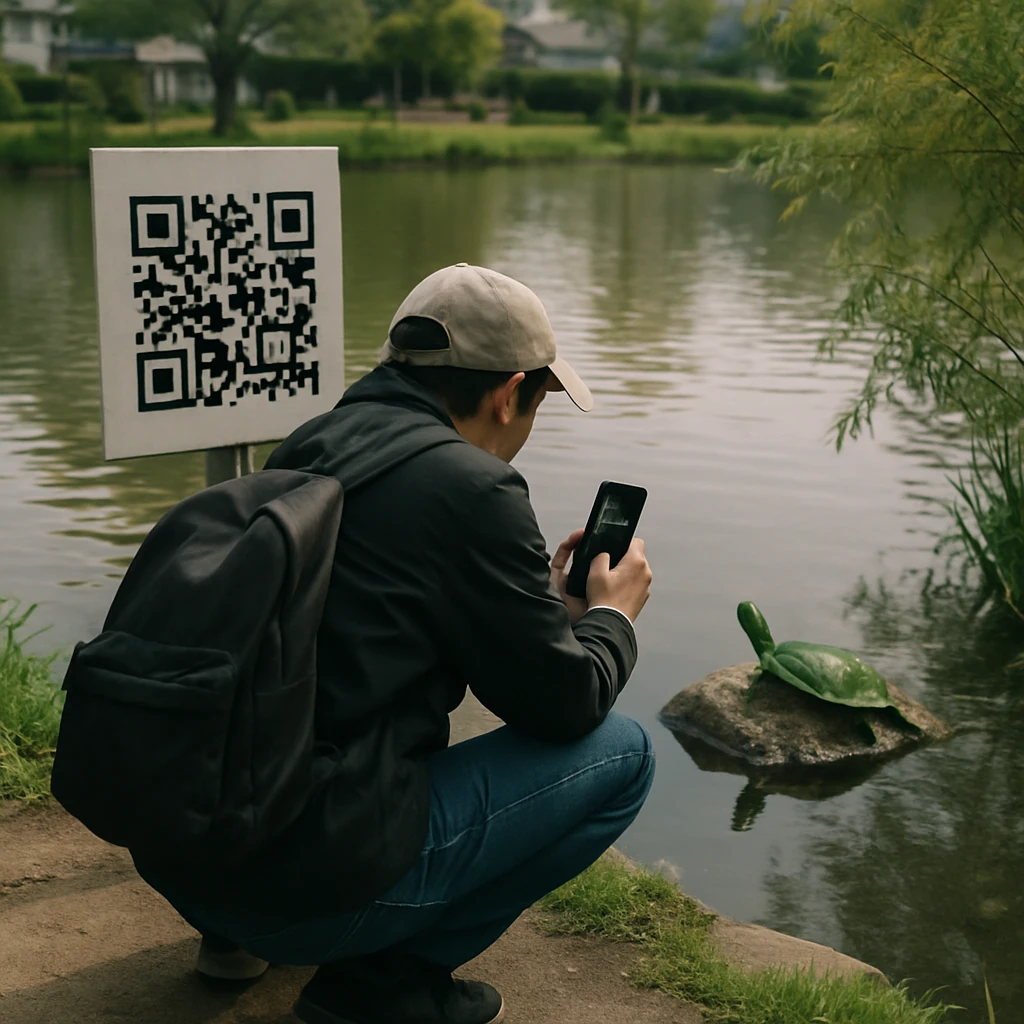 公園の池の縁でQRコードの表示板の近くに人がしゃがみ、スマートフォンで甲羅干し中のミシシッピアカミミガメを撮影している様子の写真。
