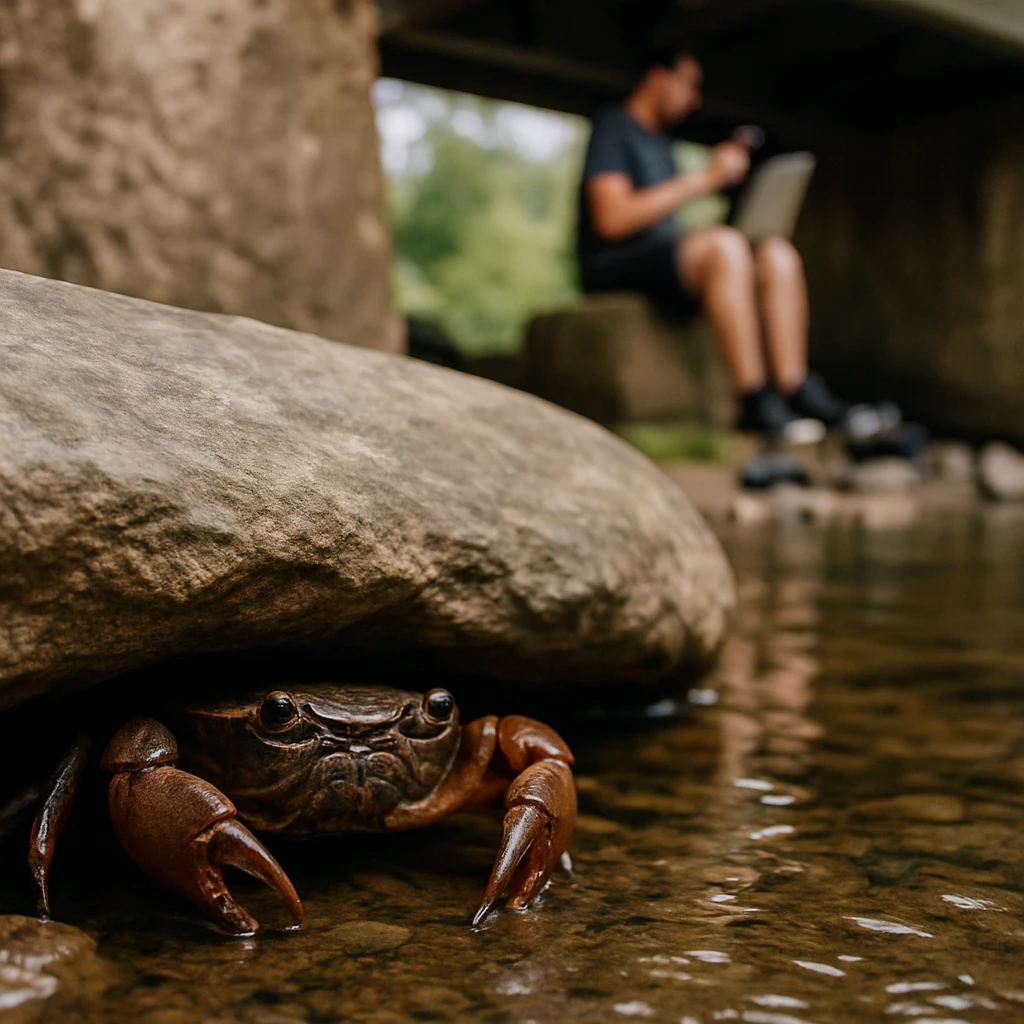 川辺の石の下から覗くサワガニの前景と、背景の橋脚でスマートフォンとノートパソコンを使う人間の様子をぼかして写した写真。