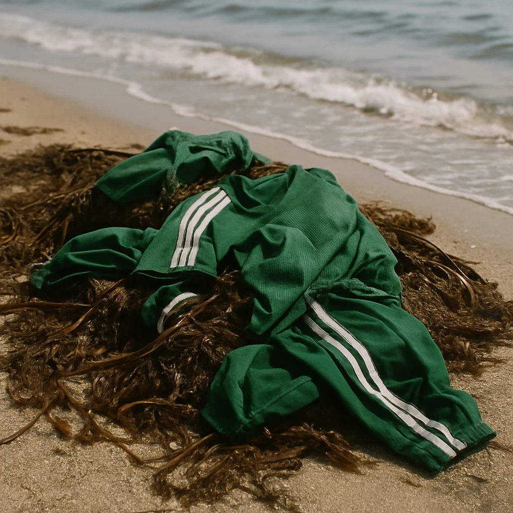 砂浜に打ち上げられた緑色のスポーツウェアが、褐色のホンダワラ海藻と絡まり合っている様子の写真。