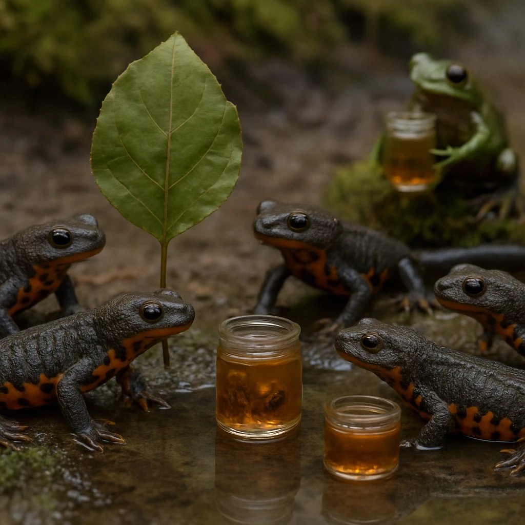 湿原の苔の上でサンショウウオたちが小さな容器に漬けられた虫茶を囲み、後方にはミズゴケ蛙が別の容器を運んでいる様子の写真。