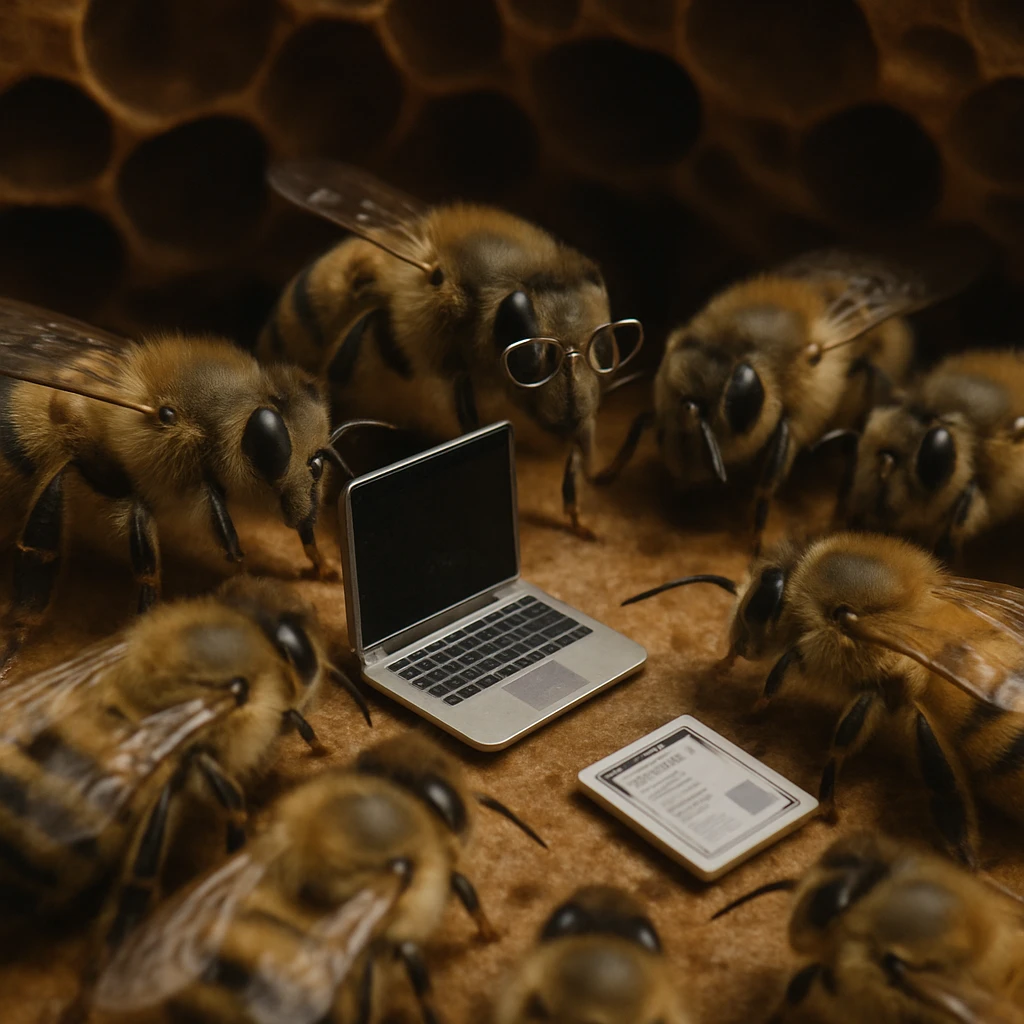 巣箱の中で小さなノートパソコンとデジタル書類を囲む複数のミツバチのリアルな写真。