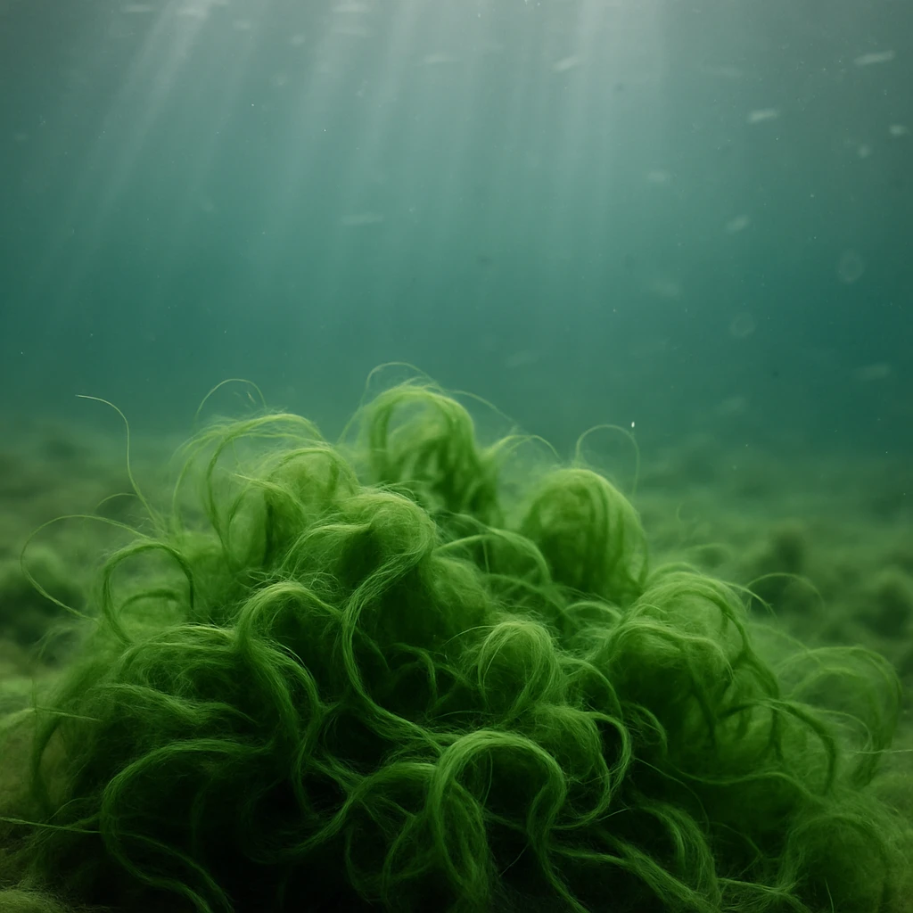 透明な湖底で光を浴びて群れをなし漂う緑色のアオミドロの実写写真。