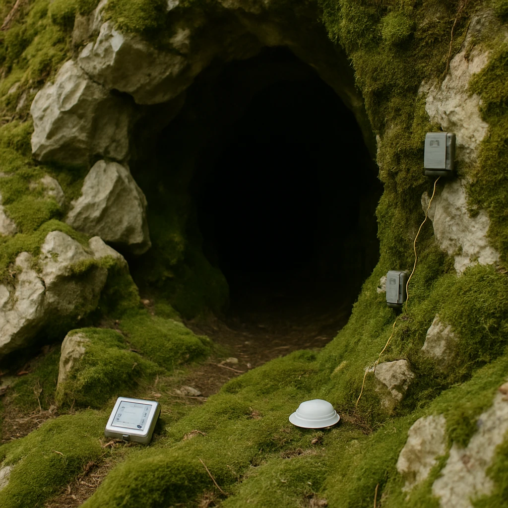 コケむした奇岩とセンサー機材が並ぶ南向きの洞窟入口の写真。