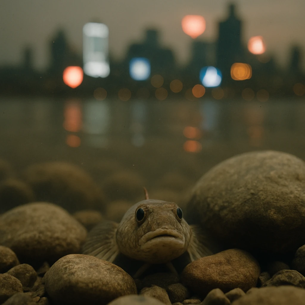 川底の石の隙間から顔を出しているヌマチチブと、その水面越しにぼんやりと映る人間の都会とスマートフォンの光を捉えた写真。