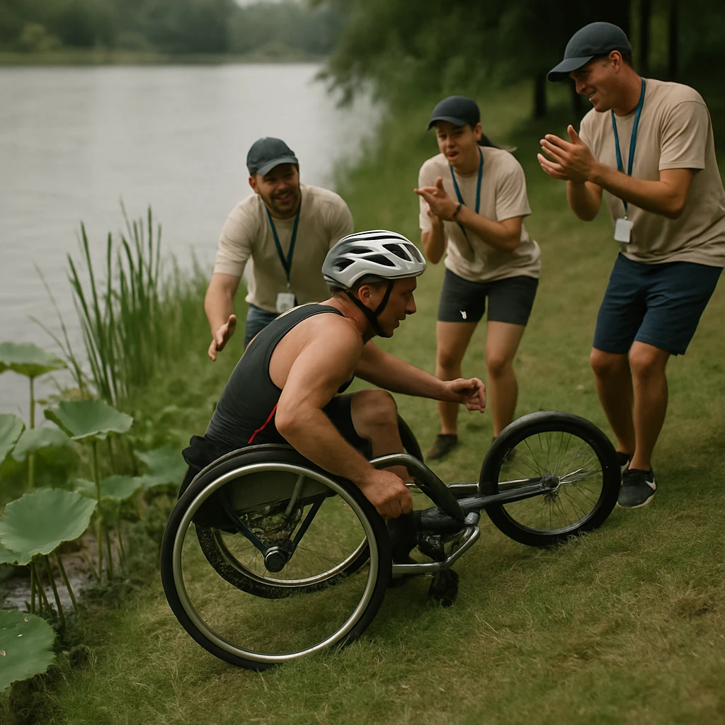 湖畔の土手を車いすの選手がスタッフの支援を受けながら登る様子を手前にハスの葉と水辺を写して捉えた写真。