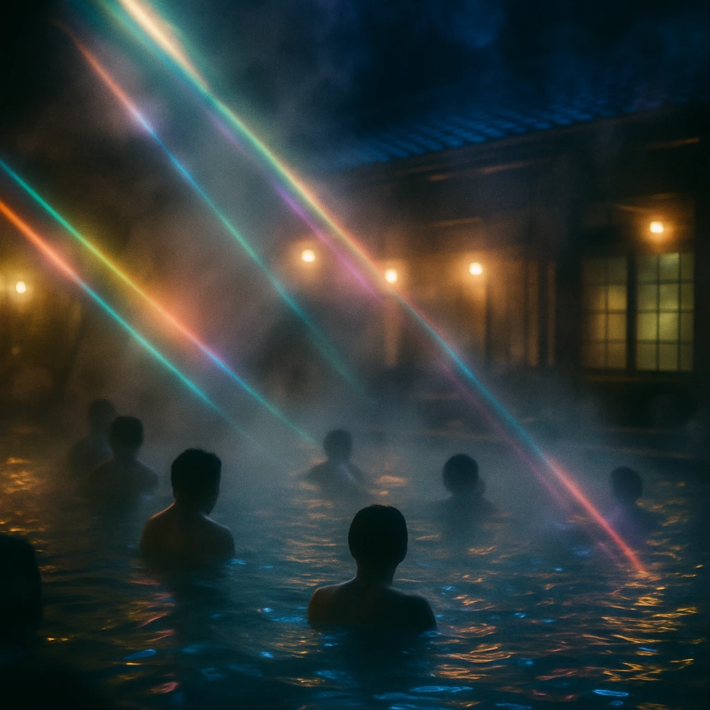 夜の温泉に立ち込める湯気とやわらかなカラフルな光線が幻想的に交錯する様子を撮影したリアルな写真。