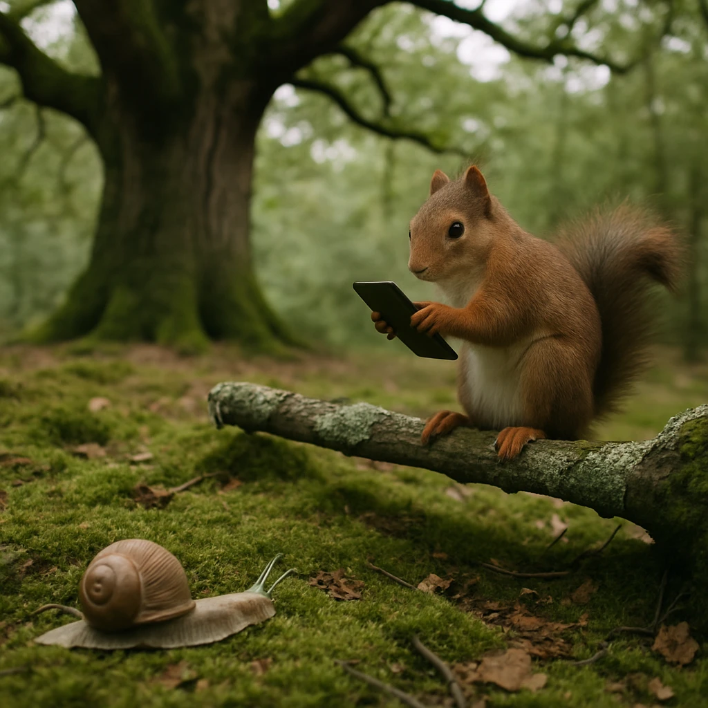 森の中で苔むした地面の上に大きなオークの木が立ち、枝にはタブレットを持つリスが座り、近くをカタツムリが進んでいる様子を写した写真です。