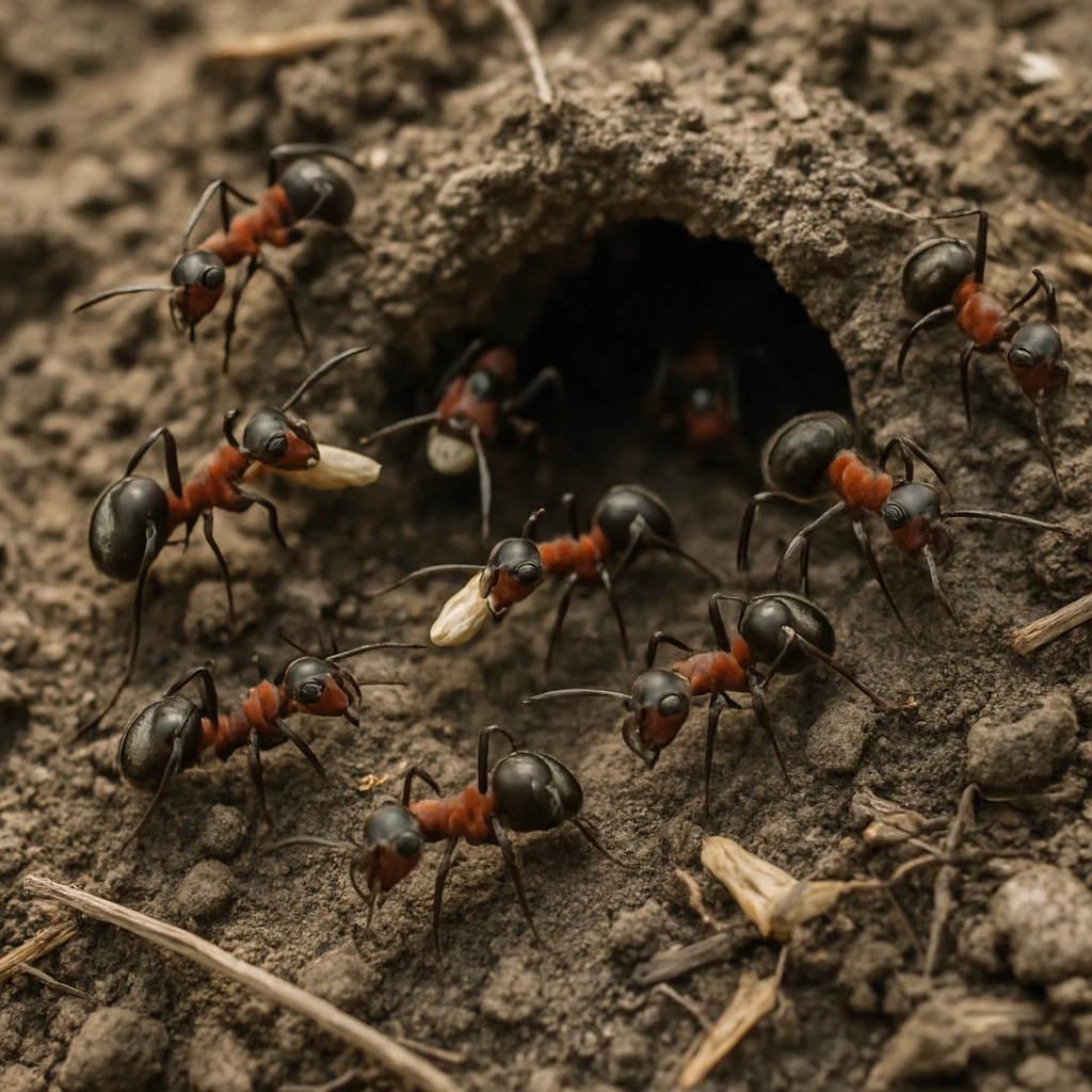 巣穴の入り口で種子を運んだり見張りをするアカヤマアリたちのクローズアップ写真。