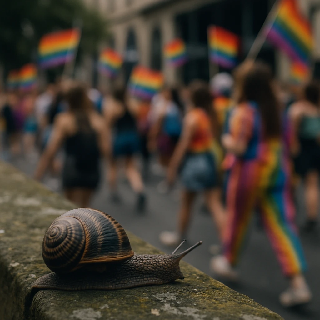 苔むした石垣の上にいる模様入りのカタツムリが、背景で行われる色とりどりのプライドパレードを遠くから眺めている様子。