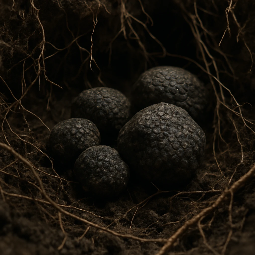 地下の土と根の間に黒いトリュフが複数埋まっている様子の写真。