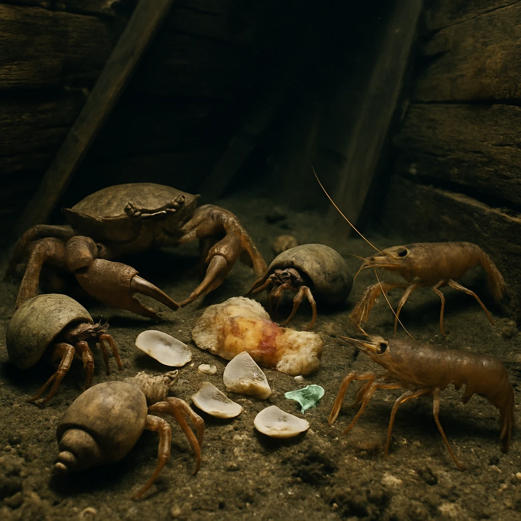 海底の沈没船内部でカニやエビ、ヤドカリたちが貝殻や食べ物のかけらなどを囲んで集まっている様子の写真。