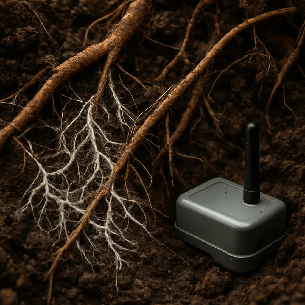 土の中でキノコの菌糸と植物の根が絡み合い、そばに小型のIoTセンサーが埋まっている様子の接写写真。