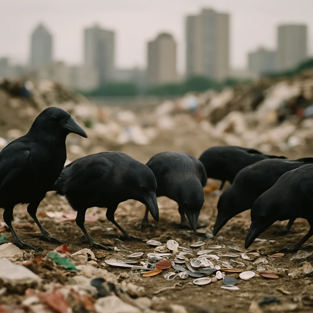 都市の埋立地でカラスたちがキラキラしたゴミを集めて興味深そうについばんでいる様子の写真。