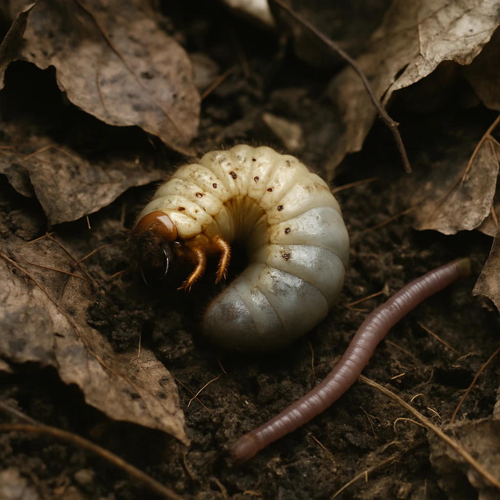 カブトムシの幼虫とミミズが朽ち葉の混じる湿った土の中にいる様子のクローズアップ写真。