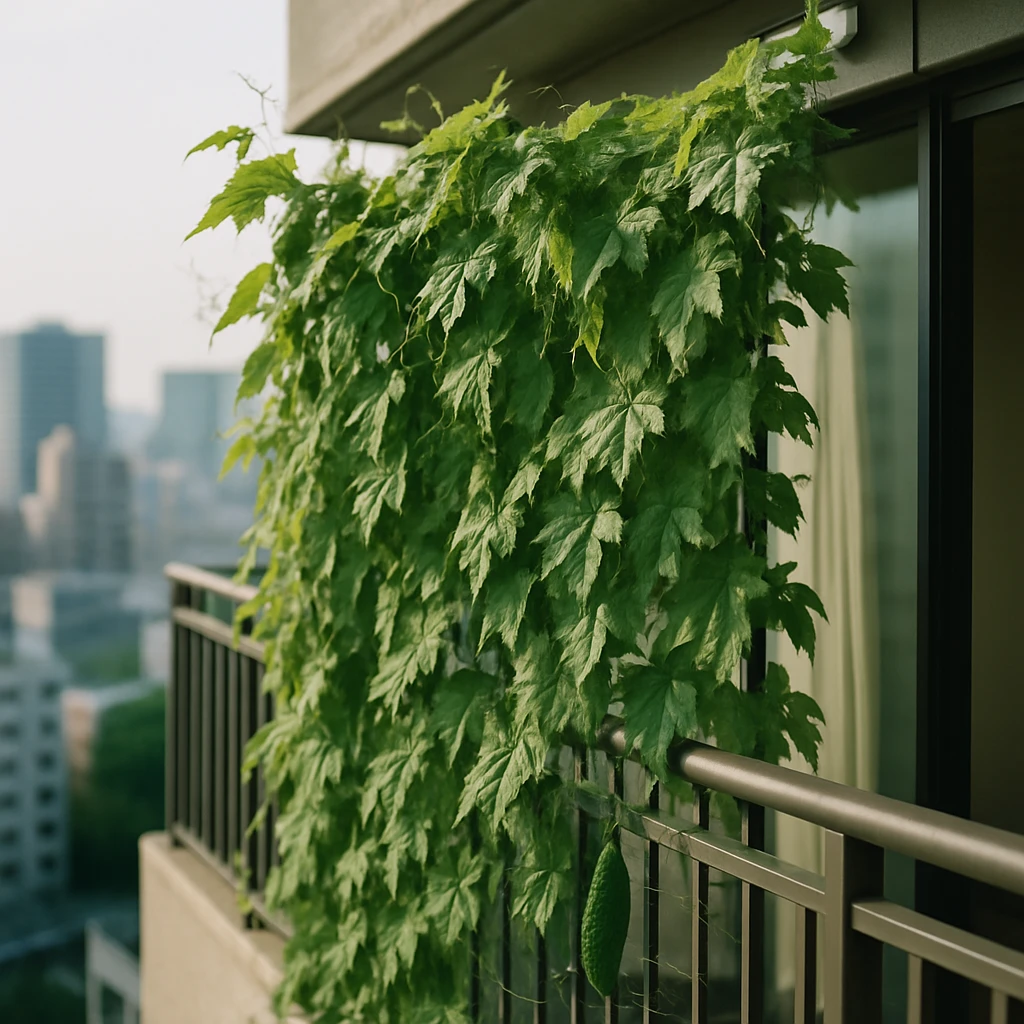 高層マンションのベランダ手すりに絡みついた緑豊かなゴーヤのグリーンカーテンの写真。