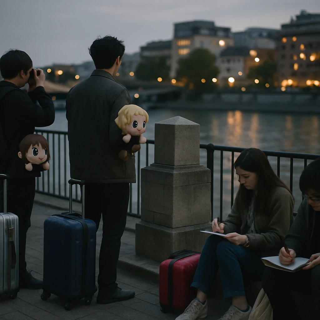 夕暮れの川辺で旅行鞄やキャラクターのぬいぐるみを持つ人々が小さな石碑を囲んで写真やスケッチをしている様子。
