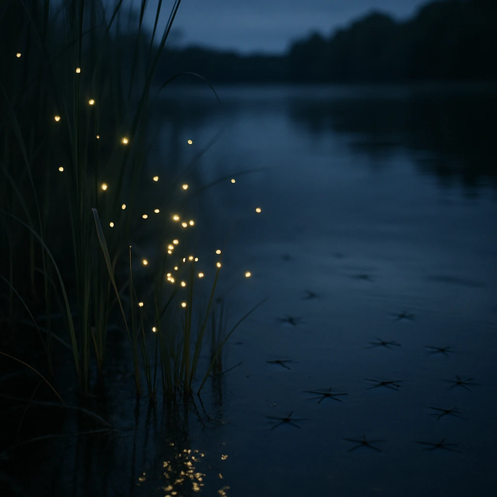 夜の池の水辺で、葦の間に光るホタルが集い、水面にはアメンボが静かに滑っている写真。