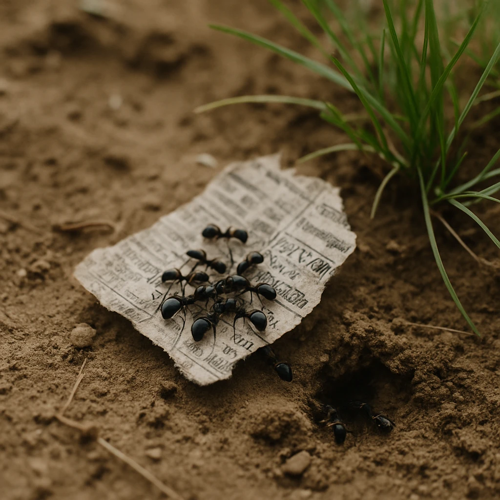 柔らかな土の上で複数のクロヤマアリたちが日本語の新聞紙断片を囲んでいる様子。