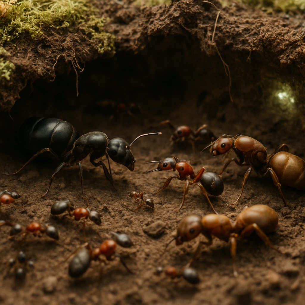 複数種のアリが女王アリも含めて苔むした森の地下の小さな土室で平和的に交流している様子のリアルな写真。
