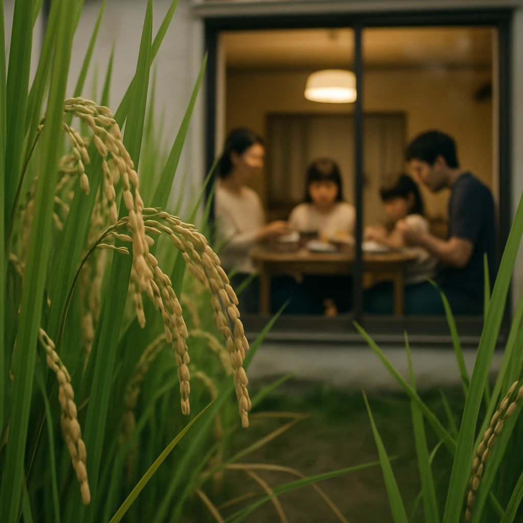 水田の稲の間から、日本の家庭が窓越しに夕食を囲む様子が見える写真。