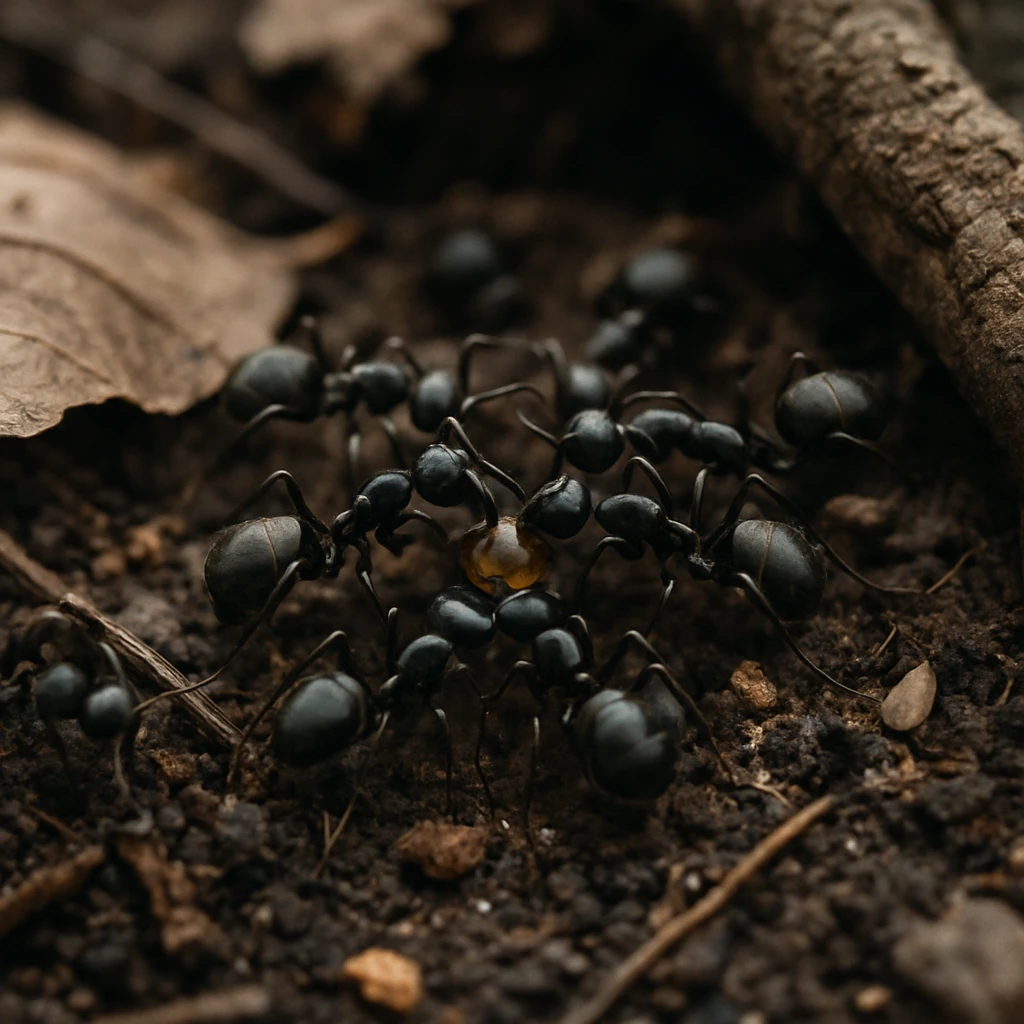 落ち葉と木の根元にクロヤマアリが集まり、甘露を分け合いながら触角で交流している様子の写真。