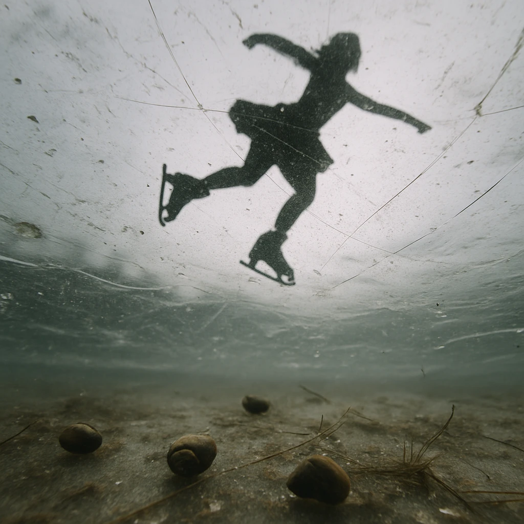 池底から透明な氷越しにジャンプしているスケート選手のシルエットと貝が写る写真です。