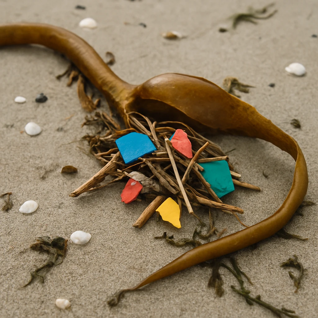 砂浜に打ち上げられたコンブの葉がプラスチックごみや流木のかけらと絡まっている。